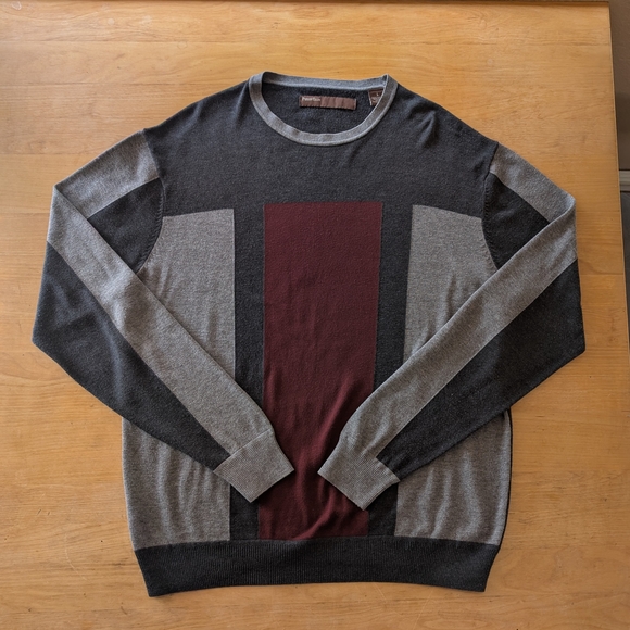 Perry Ellis Charcoal and Maroon Colorblock Long Sleeve Crewneck Sweater - Picture 1 of 4
